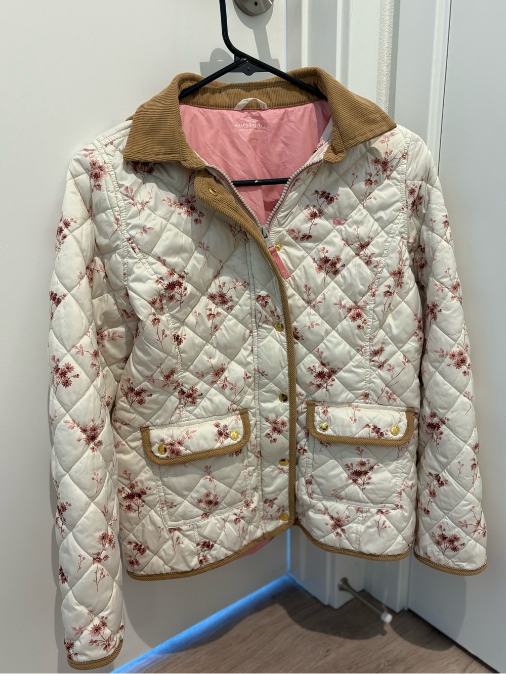 Vineyard Vines Cream Quilted Jacket with Pink Floral Print and Tan Corduroy Trim